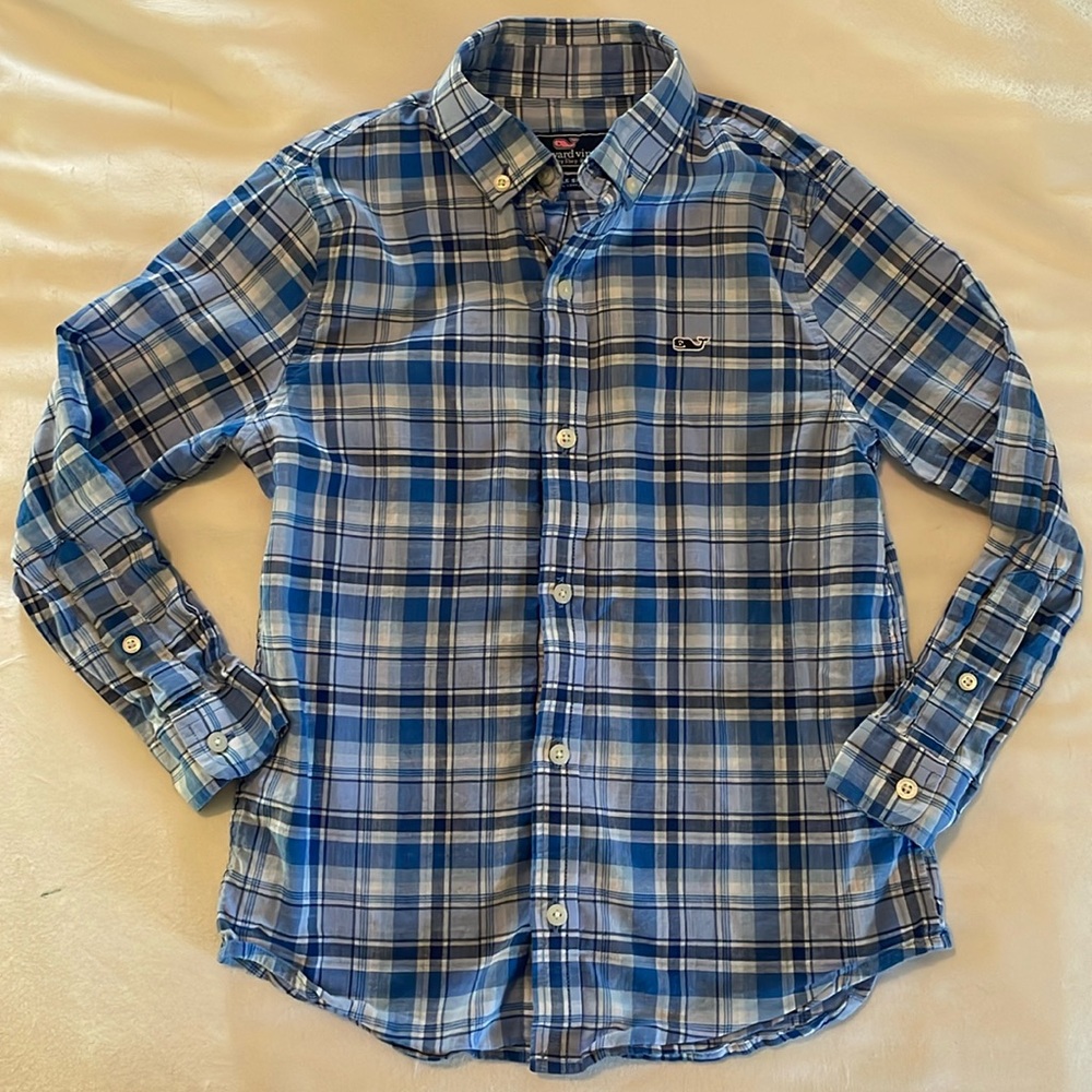 Vineyard Vines Whale Shirt Blue Plaid Cotton Button Down Size 7